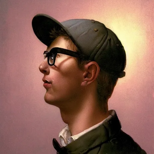 Prompt: a baroque neoclassicist close - up side profile portrait of a silhouette of retrofuturistic boy with a baseball hat, glasses and a straight nose, glowing fog in the background. renaissance portrait painting. highly detailed science fiction painting by norman rockwell, frank frazetta, and syd mead. rich colors, high contrast, gloomy atmosphere, dark background. trending on artstation
