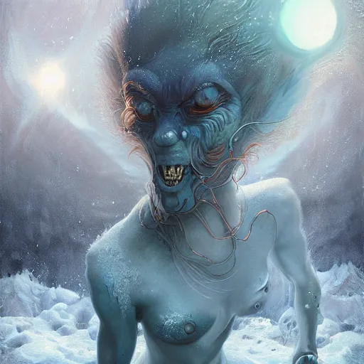 Image similar to a hyperrealistic illustration of a monster in the Arctic, snow on the monsters body, blue transparent ice with fractal sunlight, award-winning, masterpiece, in the style of Tom Bagshaw, Cedric Peyravernay, Peter Mohrbacher