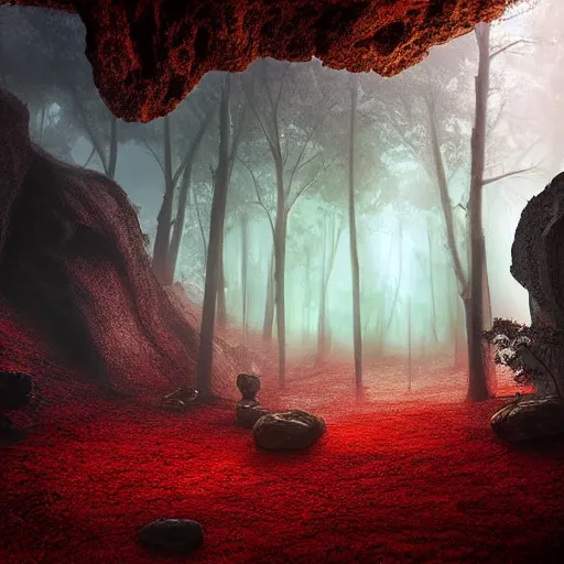 Prompt: red glow coming from cave entrance in ethereal lush forest with mystical ambiance and fog, desaturated, realistic, sharp focus, highly detailed, by artgerm