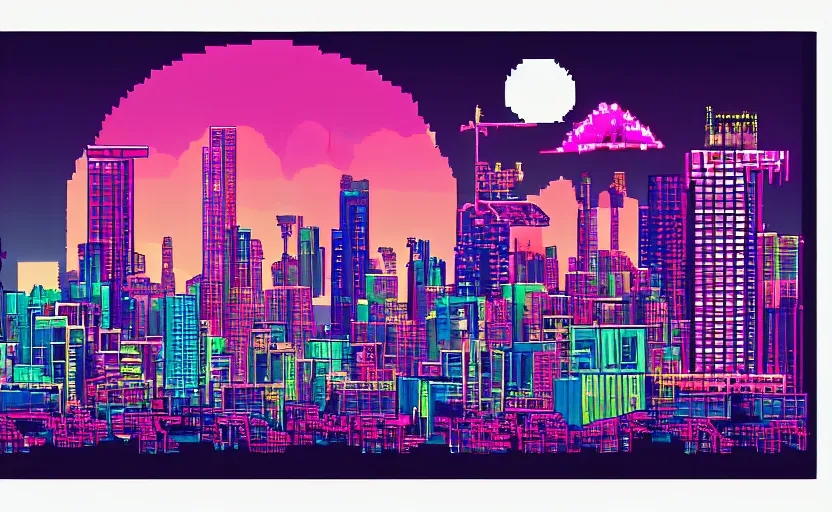 Prompt: beautiful synthwave city pixel art