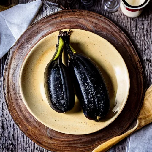 Image similar to photo of a delicious black banana on a plate on the table of a rustic farmhouse in cornwall