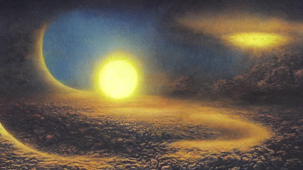 Image similar to The moon crashes into the earth, fault, a shock wave, pieces of land, frightening appearance, catastrophic, Breathtaking , the sun's rays through the dust, noise, Hans zimmer Soundtrack, Expectation, fear, art by Gilbert Williams,