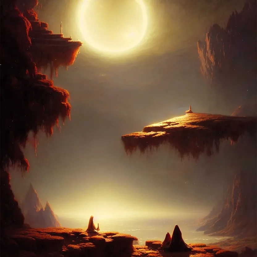 Image similar to giant shining crescent in a magic fluffy persian carpet dimension, by greg rutkowski and gaston bussiere, dim lighting, beautiful volumetric - lighting - style atmosphere, surreal atmosphere, intricate, detailed, photorealistic imagery, artstation