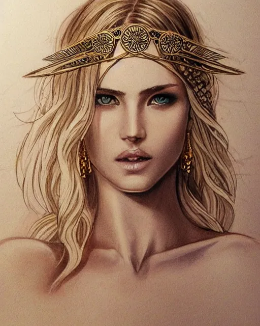 Prompt: tattoo design sketch of cute beautiful blonde super model as aphrodite greek goddess wearing a gold laurel wreath and triangle earrings, beautiful piercing gaze with sharp pupils, in the style of greg rutkowski, fantasy, amazing detail, epic, elegant, smooth, sharp focus, front view