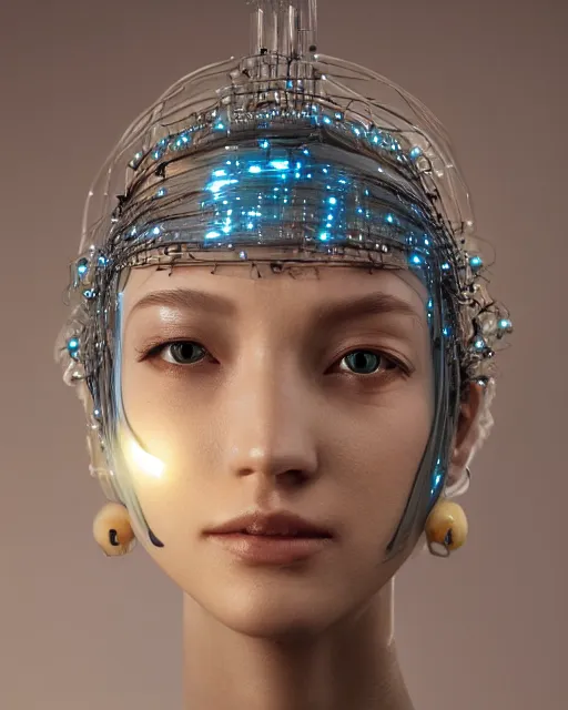 Prompt: soft focus portrait of an android with soft synthetic skin, bioluminescent plastics, smooth shiny metal plates, elaborate head piece, piercings, skin textures, by annie liebovotz,