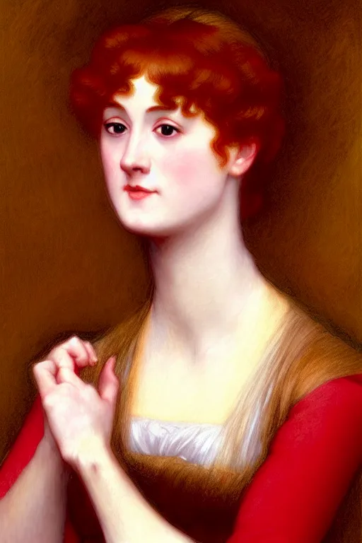 Image similar to jane austen gold red hair painting by rossetti bouguereau, detailed art, artstation