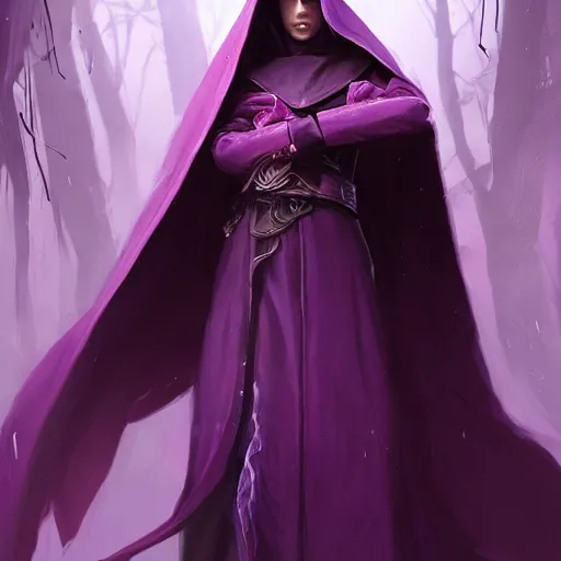 Image similar to female warlock long hood cloak purple, fighting monster with magic, 8 k, trending on artstation by tooth wu and greg rutkowski