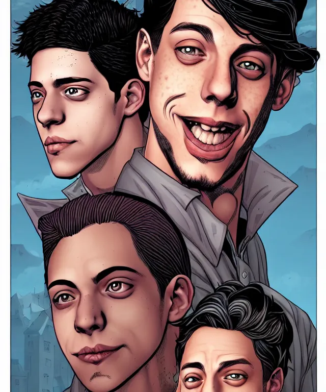 Image similar to a ( fantasy comic ) ( cover art ) portrait of a village idiot who looks like ( pete davidson ), digital illustration by jenny frison and sana takeda and kentaro miura, fine inking lines, vivid colors, dnd, highly detailed!, hd, 4 k, trending on artstation