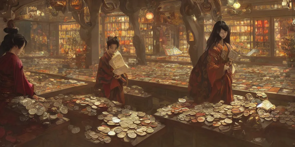 Prompt: modern coin shop with a lot of coins, 4 k, eastern tyle, geishas, octane, digital painting, artstation, concept art, sharp focus, illustration, art by artgerm and greg rutkowski and alphonse mucha