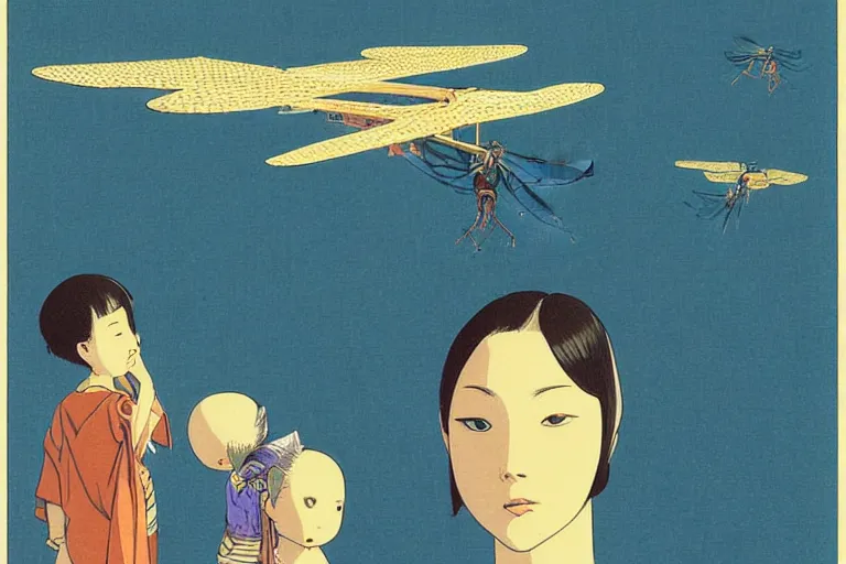 Image similar to gigantic dragonflies with human faces catch tiny planes, a lot of exotic mechas robots around, human heads are all over the ground, risograph by kawase hasui, dirtyrobot, edward hopper, satoshi kon and moebius, colorful flat surreal design, super - detailed, a lot of tiny details, fullshot