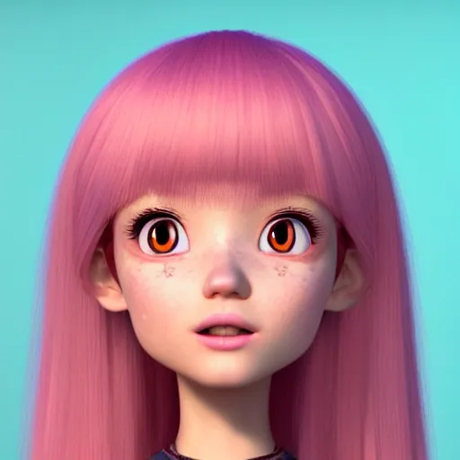 Image similar to A portrait of Nikki from Shining Nikki and Love Nikki, a cute 3d cgi toon young woman with long light pink hair, full bangs, hazel eyes, full round face, light makeup, pale skin, Chinese heritage, in the center midground, medium shot, mid-shot, hyperdetailed, 8k, trending on artstation, as a Pixar character