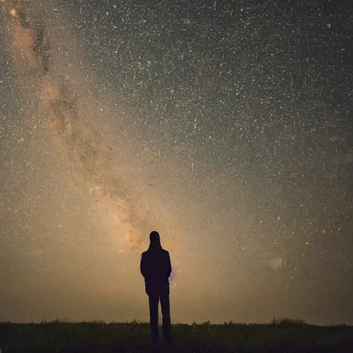 Prompt: A detailed portrait of catharsis personified. Long exposure shot of the stars out in the country