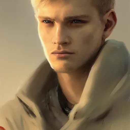 Image similar to Portrait of a man by Greg Rutkowski, he is about 20 years old, norwegian, short blond hair, young, manly, attractive, strong, older brother vibes, he is wearing futuristic military fatigues, highly detailed portrait, scifi, digital painting, artstation, concept art, smooth, sharp foccus ilustration, Artstation HQ