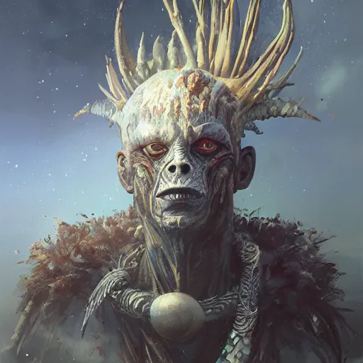 Image similar to a hyperrealistic acrylic on canvas painting of an alien shaman by Greg Rutkowski and WLOP. Epic fantasy art. Trending on Deviant Art.