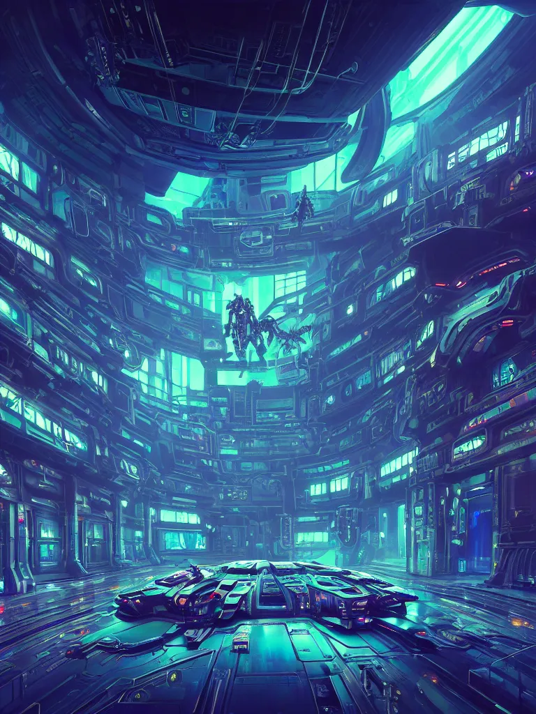 Image similar to the interior of a celestial spaceship cyberpunk hangar in a bioluminescent walls decorated beautifully, lots of cyberpunk design elements like humanoids and mecha robots, warm sunlight shining in, lots of cables and neon signs, concept art 8 k resolution, fantasy illustration, sharp focus, detailed painting, deep color, volumetric lighting, crepuscular rays