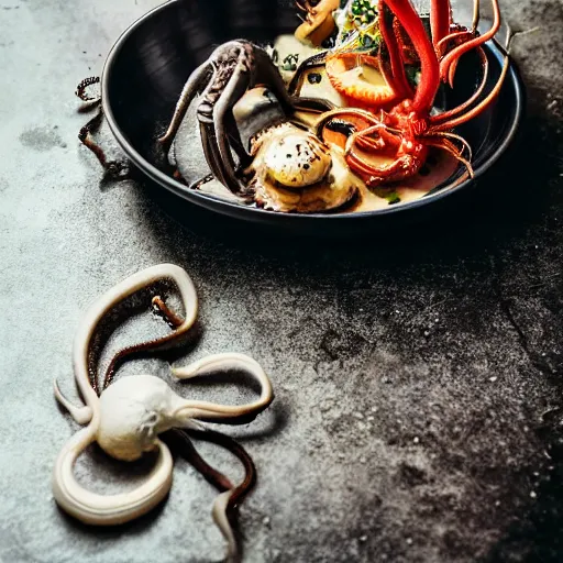 Image similar to Food photography michelin star bowl of live spiders and octopus