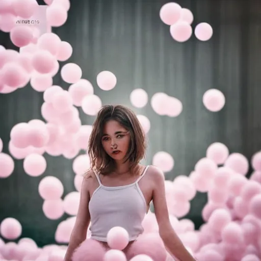 prompthunt: a cute girl model surrounded by floating pink cotton balls,  photorealistic, hyperdetailed, studio lighting, shot on iphone 1 3 pro