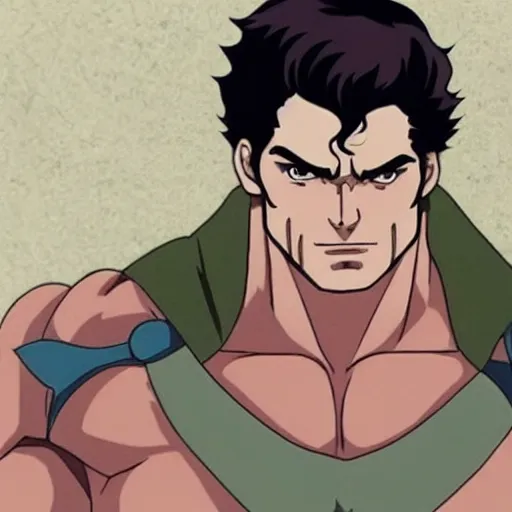 Image similar to still of henry cavill with a very muscular body type, anime art, anime style