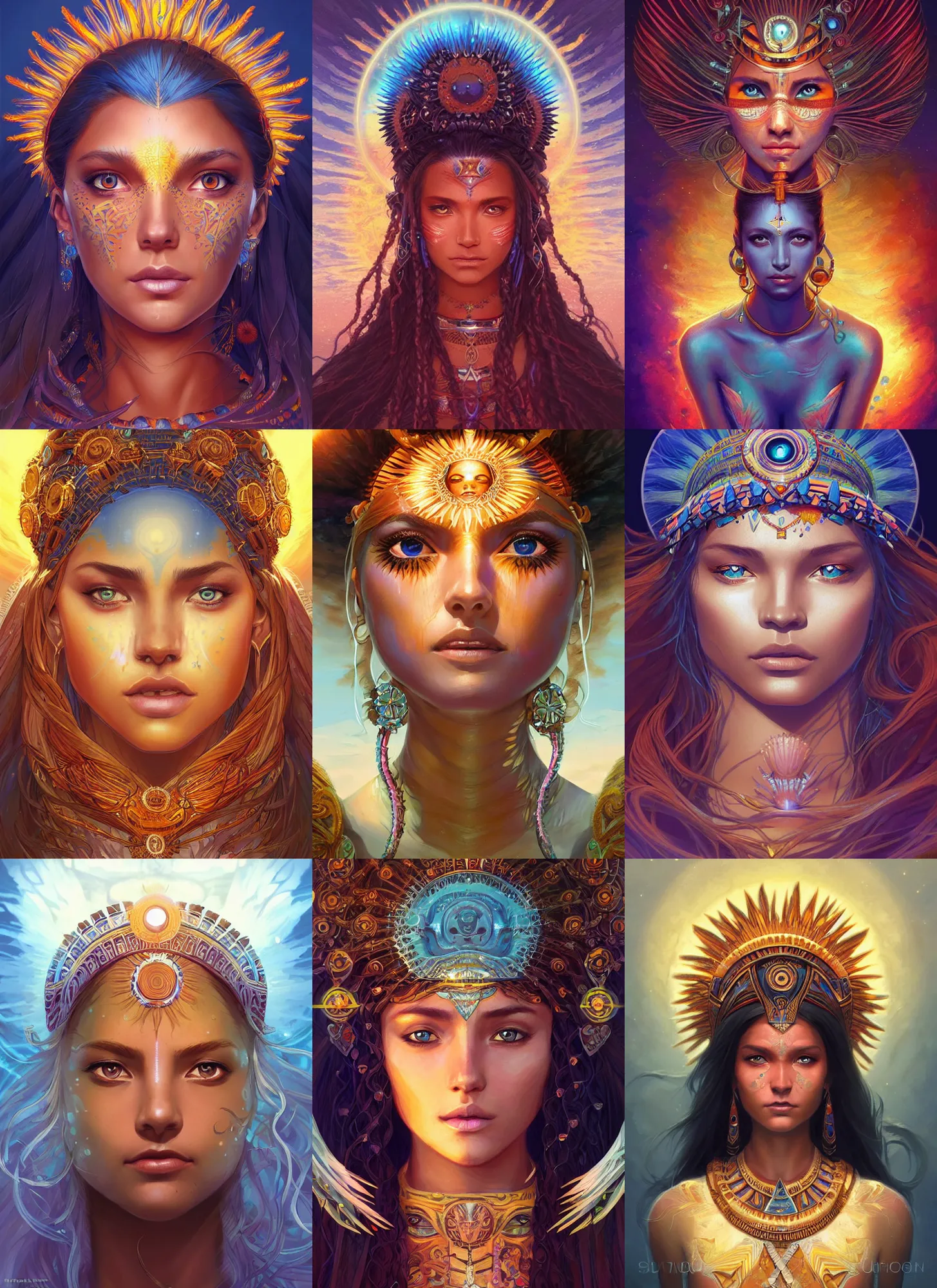 Prompt: aztec sun goddess, fantasy, bioluminiscence, flowing hair, portrait, highly detailed, digital painting, beautiful eyes!, symmetry, concept art, sharp focus, illustration, art by artgerm and greg rutkowski and magali villeneuve and ilya kuvshinov