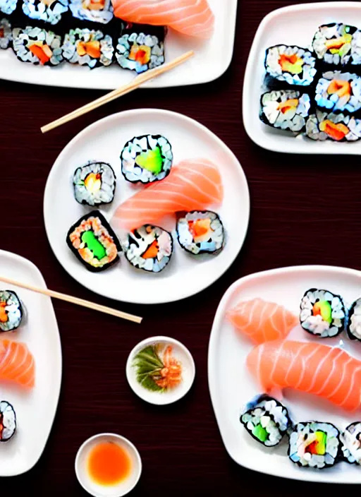 Image similar to clear photograph of cute cats eating sushi from sushi plates