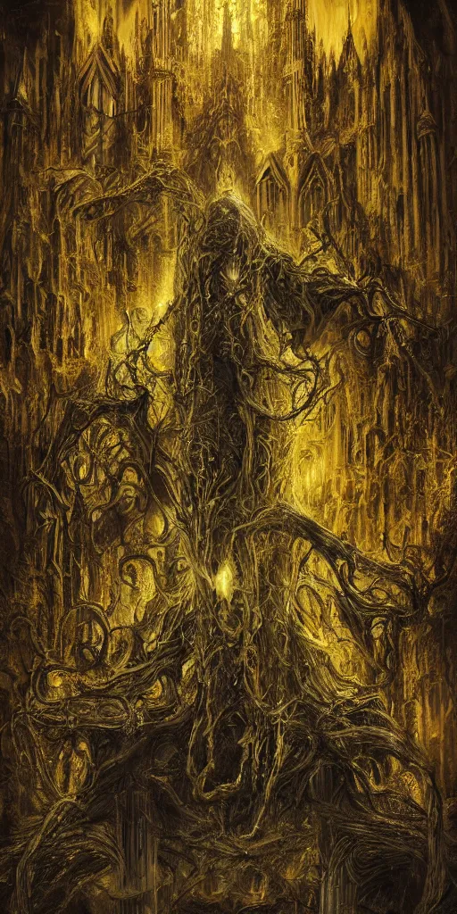 Image similar to a tall towering huge pale human wearing a yellow garment sitting upon an ornate stone throne, 4K, digital art, lovecraftian, lovecraft art, artstation, horror, dramatic, wearing a long yellow rotting garment, dark, hyperrealistic, dramatic perspective, complex (((dark))) cathedral background, dark background, highlights,
