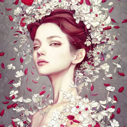 Image similar to the portrait of an absurdly beautiful, graceful, elegant, sophisticated, fashionable woman made of strawberries and white petals looking down, an ultrafine hyperdetailed illustration by kim jung gi, irakli nadar, intricate linework, bright colors, octopath traveler, final fantasy, unreal engine 5 highly rendered, global illumination, radiant light, detailed and intricate environment