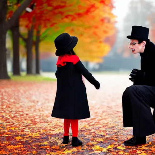 Prompt: a thin man in a black coat and bowler hat talks with small young girl who is dressed in a red coat and a red hat, park, autumn, 1923, wide angle, high detail, By Makoto Shinkai, Stanley Artgerm Lau, WLOP, Rossdraws, James Jean, Andrei Riabovitchev, Marc Simonetti, krenz cushart, Sakimichan, D&D trending on ArtStation, digital art, width 768