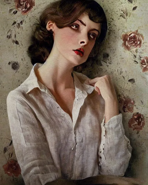 Image similar to a beautiful but sinister woman in layers of fear, wearing a linen shirt, with haunted eyes and big platinum hair, 1 9 7 0 s, seventies, floral wallpaper, delicate embellishments, a little blood, painterly, offset printing technique, by william russell flint