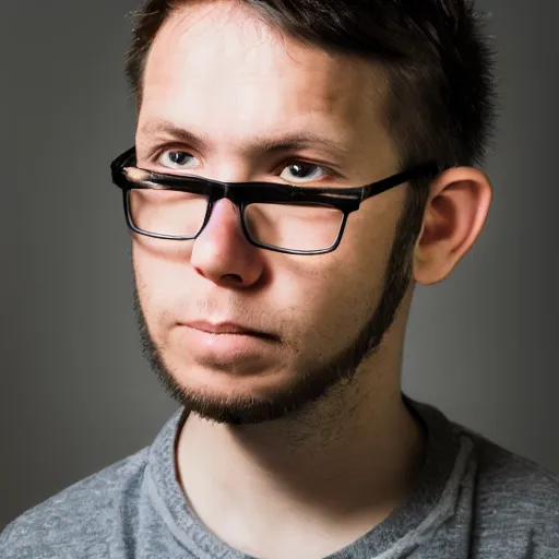 Prompt: portrait of the nerd guy, with cracked nose, pig ears, soyjack, front view, photography