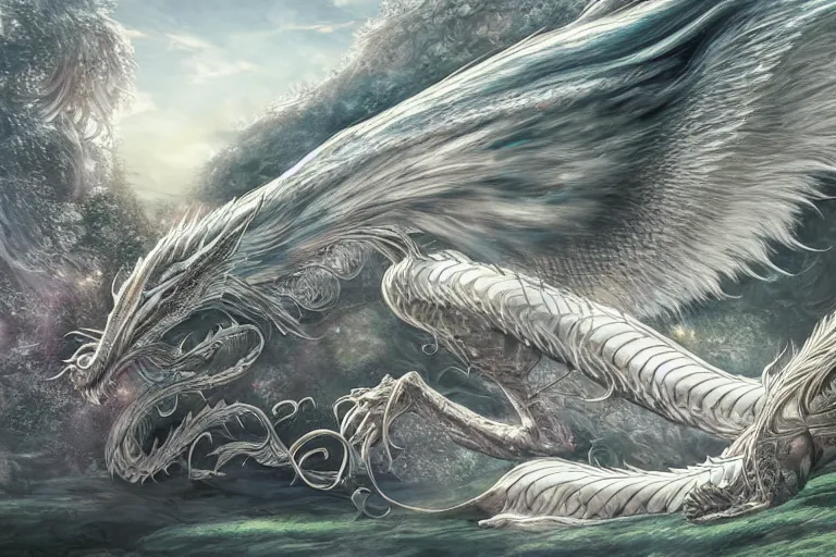 Image similar to a hyper detailed big render of princess lie on the ground be surrounded snuggle by a huge silver white dragon, in the white clouds fairyland center, finely detailed angelic face, style of studio ghibli, makoto shinkai, xision, ilya kuvshinov and artgerm, kazuki tanahashi, james jean, animation, golden curve composition, telephoto lens