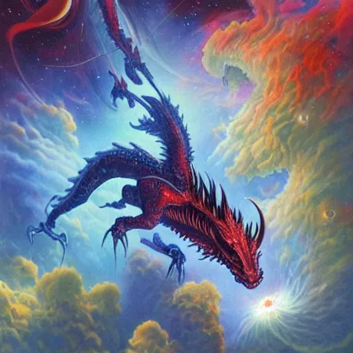 Image similar to an alien dragon flying in outer space, epic nebula, Dan Seagrave art