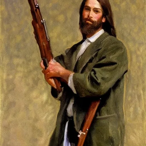 Prompt: painting jesus christ holding rifle, John Singer Sargent style