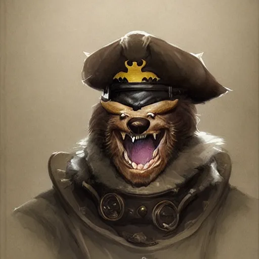 Image similar to dashing charming grinning charismatic bear beast-man rogue, wearing captain's tricorne hat, naval background, amazing, lifelike award winning pencil illustration trending on art station artgerm Greg rutkowski cinematic