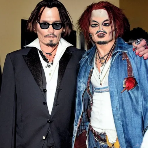 Image similar to Johnny Depp hanging out with Chucky the killer doll