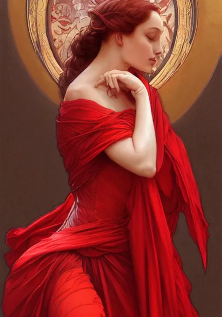 Prompt: sansa fatal women in red, intricate, elegant, highly detailed, digital painting, artstation, concept art, smooth, sharp focus, illustration, art by artgerm and greg rutkowski and alphonse mucha and william - adolphe bouguereau