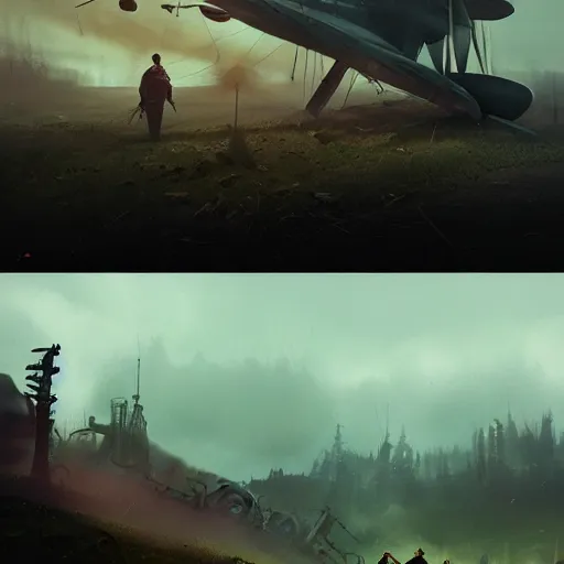 Image similar to a young pilot next to his crashed plane, steampunk, an epic fantasy, dramatic lighting, cinematic, establishing shot, extremely high detail, photorealistic, cinematic lighting, artstation, by simon stalenhag, christopher nolan