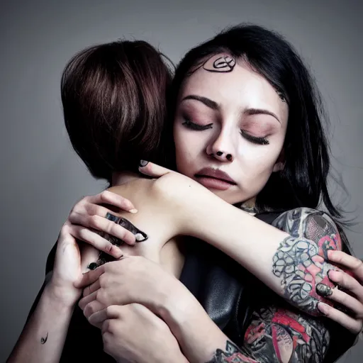 Image similar to Hot young woman, grey skin, void eyeballs, tattoos, wearing a leather jacket, hugging a shrouded person as they cry on her chest, comforting, touching, wholesome, art, big sister, little brother, 4k