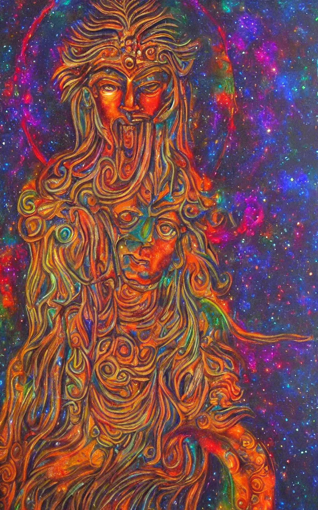 Image similar to the god of the lunar mythos lunar deity, award winning oil painting, iridescent colors