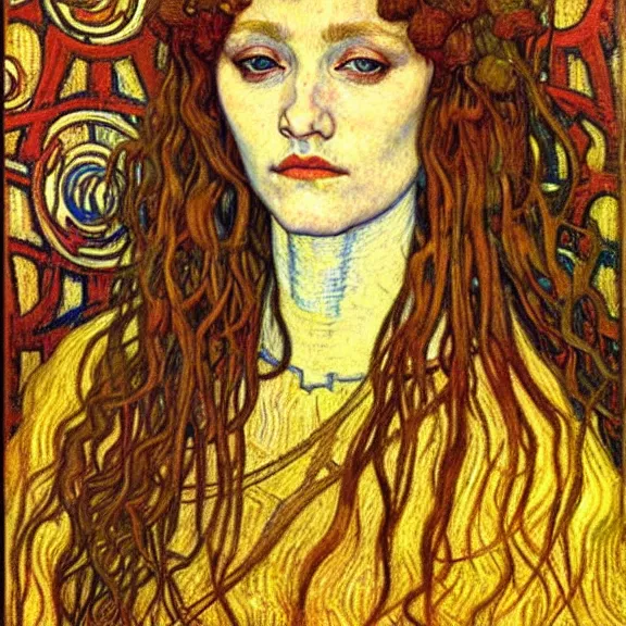 Image similar to detailed realistic beautiful young medieval queen face portrait by jean delville, gustav klimt and vincent van gogh, art nouveau, symbolist, visionary, gothic, pre - raphaelite, muted earthy colors, desaturated