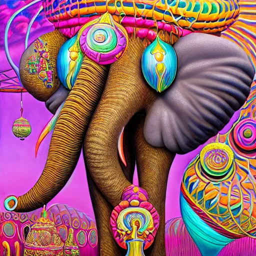 Image similar to a regal and elegant african queen with a colorful curly afro sitting in a cabana on top of an extremely large steampunk elephant near a pink lake with a large glowing baobab tree, by amanda sage and alex grey and evgeni gordiets in a surreal psychedelic style, oil on canvas 8k, hd
