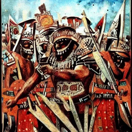 Image similar to aztecs destroy rome, epic painting