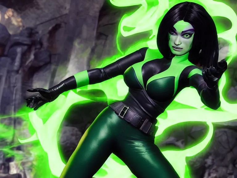 Prompt: Shego as a real person in Mortal Kombat 11, PS5, 5k, in-game cimematic, official media