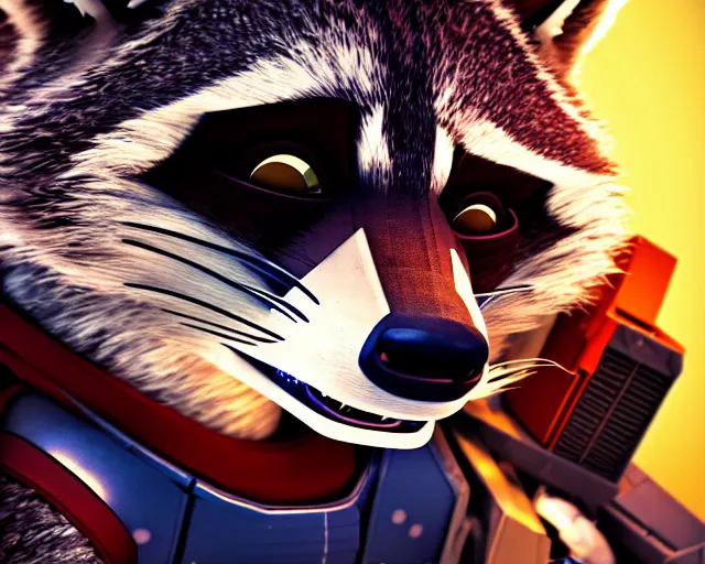 Prompt: closeup portrait, detailed illustration of furry rocket the raccoon standing in the hallway of a space ship from guardians of the galaxy, wearing mass effect armor, holding a rocket launcher, soft volumetric lighting, cinematic, disney, pixar, confident action pose