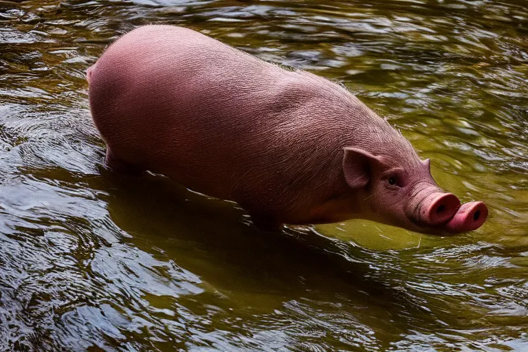 Image similar to a pig platypus!!! hybrid! hyper realistic!! realistic lighting!! wildlife photographer of the year!!! bold natural colors, national geographic, hd, wide angle, 8 k