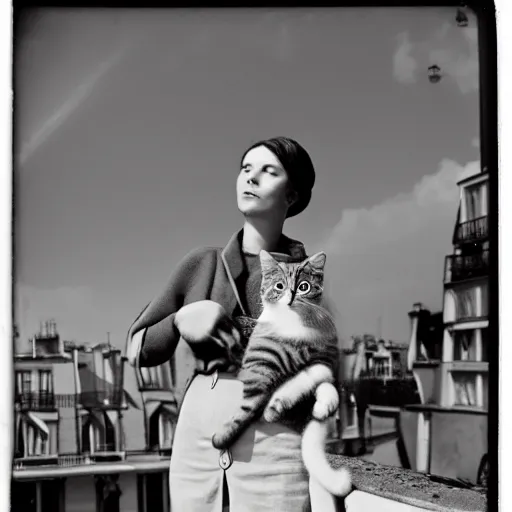 Prompt: woman wearing glassens, holding a cat on the roof of a apartment in Paris by Carine Brancowitz