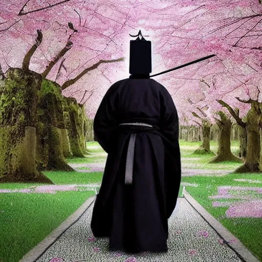 Image similar to a beautiful White cloaked Samurai Warrior with Sword Drawn in a garden of Cherry Blossom Trees :: Mystical, Magical, Supernatural :: by Mitsuru Adachi