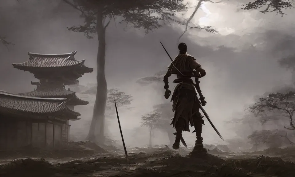 Image similar to Futuristic matte painting of a samurai warrior walking through an abandoned japanese village, volumetric light scattering, highly detailed, digital art, Andreas Rocha, Greg Rutkowski, Darek Zabrocki, ArtStation, CGSociety, Unreal Engine, 4K, 8K