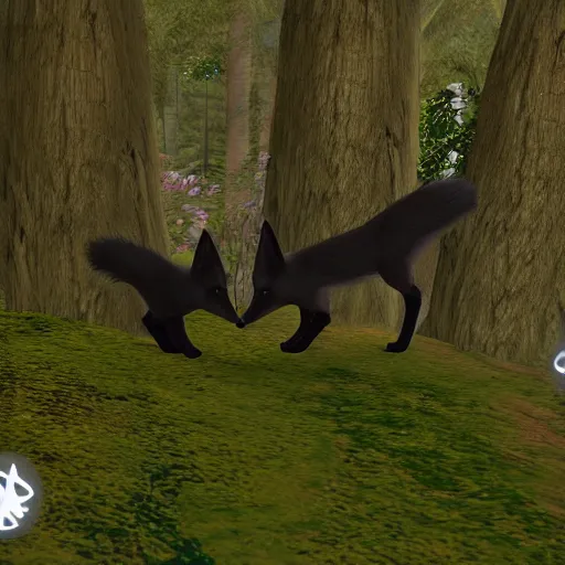 Image similar to second life in game screenshot of black foxes cuddling next to each other in a cozy forest, 4 k