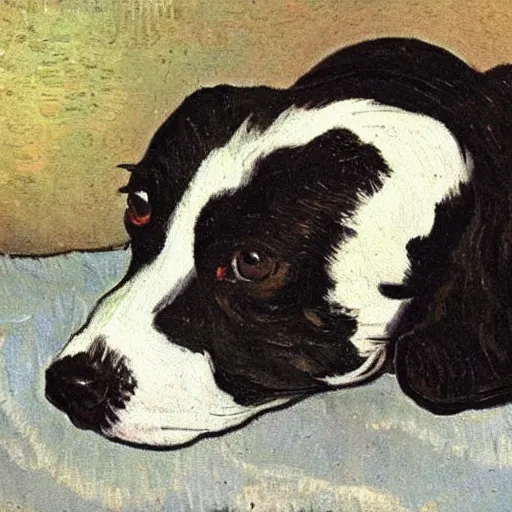 Prompt: oil painting of a black and white cute dog, oil in canvas, painted by van gogh