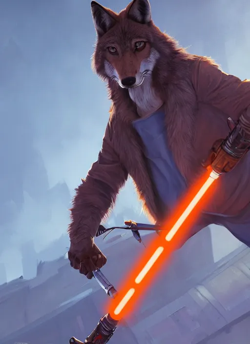 Prompt: portrait, anthropomorphic coyote Jedi wielding an orange lightsaber, dramatic lighting, cinematic, establishing shot, extremely high detail, photo realistic, post processed, artstation, matte painting, style by eddie mendoza, raphael lacoste, alex ross